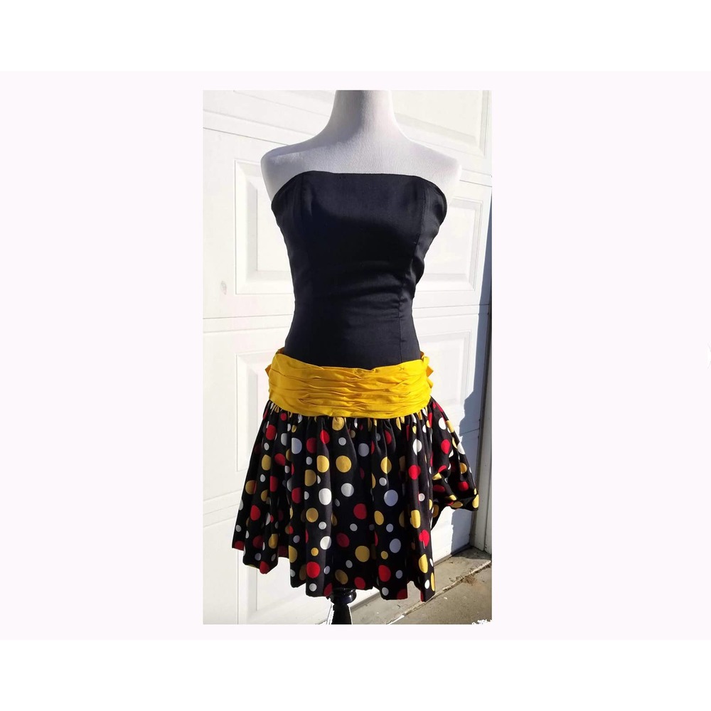 Vintage 1980's Victor Costa Black Yellow Polka Dot Strapless Dress With Bow